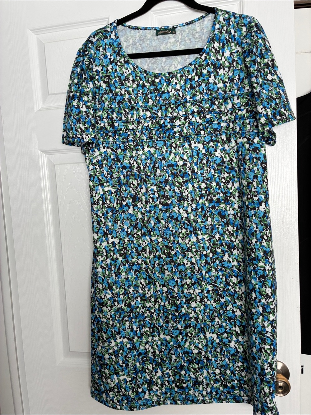 Blue Floral Short-Sleeve Mini Dress with Scoop Neck